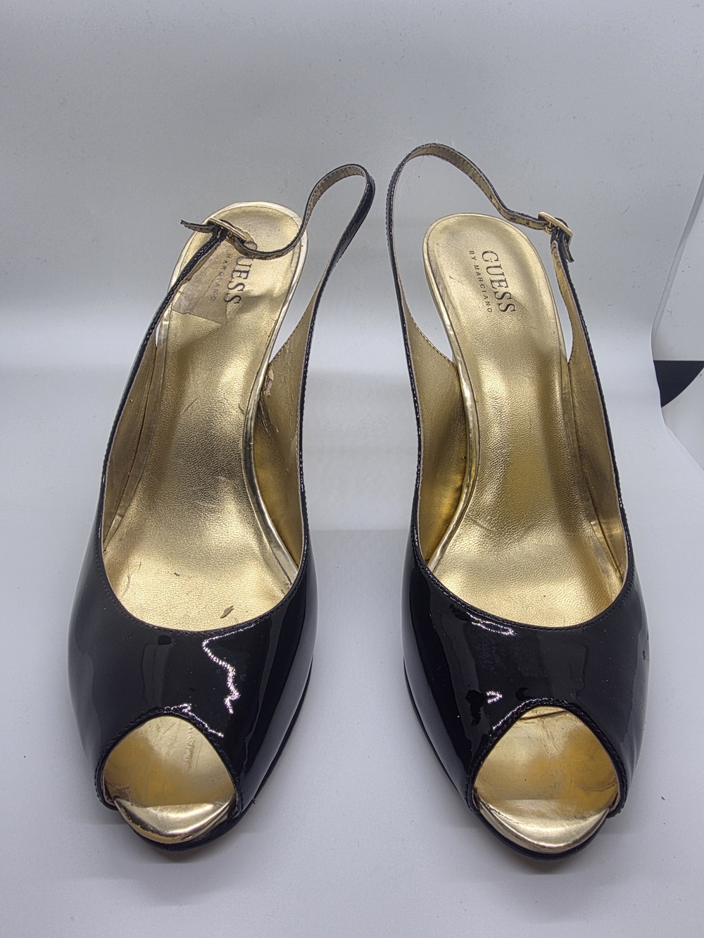 GUESS Black Patent Peep-Toe Slingback Heels
